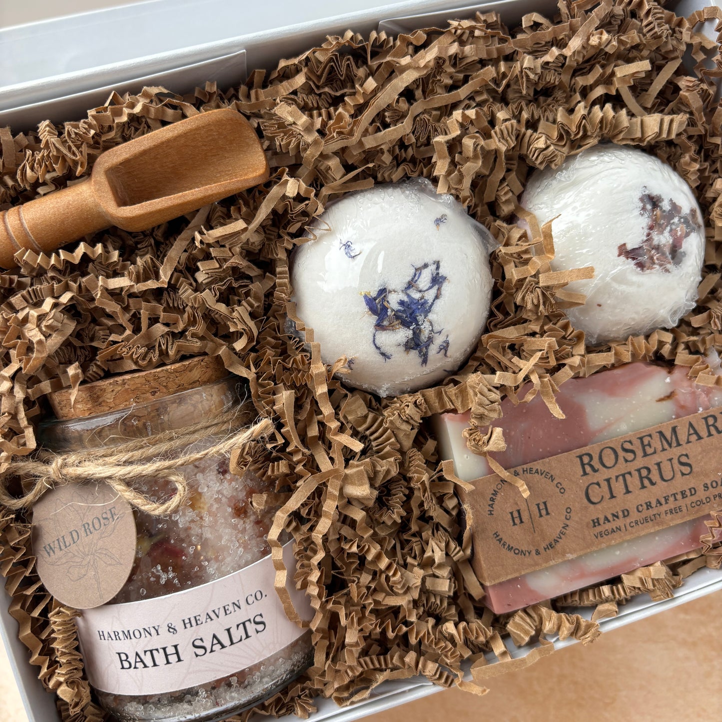 Gift Box set with including two bath bombs, bath salts jar, mini scoop, and one handmade bar soap.