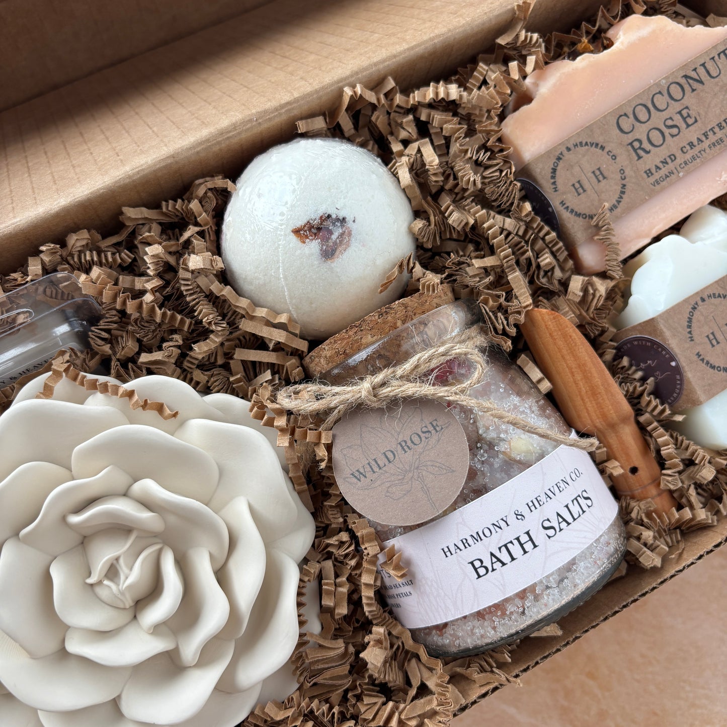 Gift Box set including jesmonite rose candle, bath salts jar, bath bomb and two handmade soap bars.