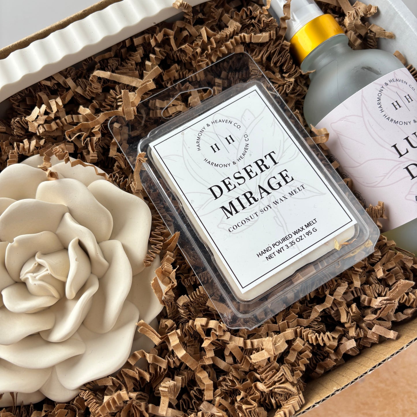 Gift Box set including room spray, wax melts, jesmonite rose candle. and tray